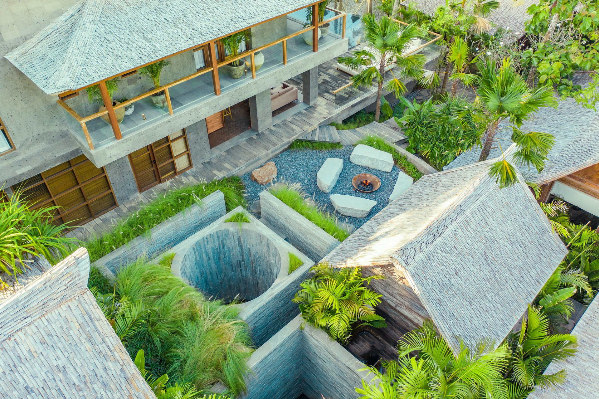 The Asa Maia aerial view — boutique wellness retreat with central pavilion, Uluwatu Bali