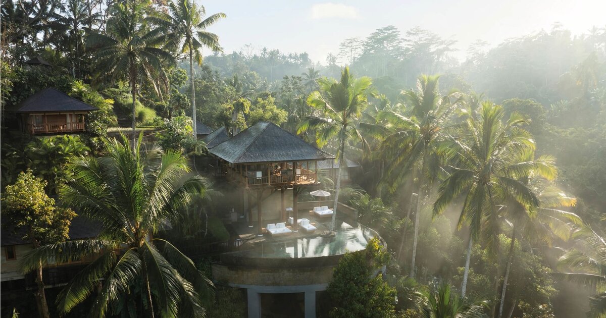 COMO Shambhala Estate misty morning aerial — jungle villa with pool amid Ubud tropical forest