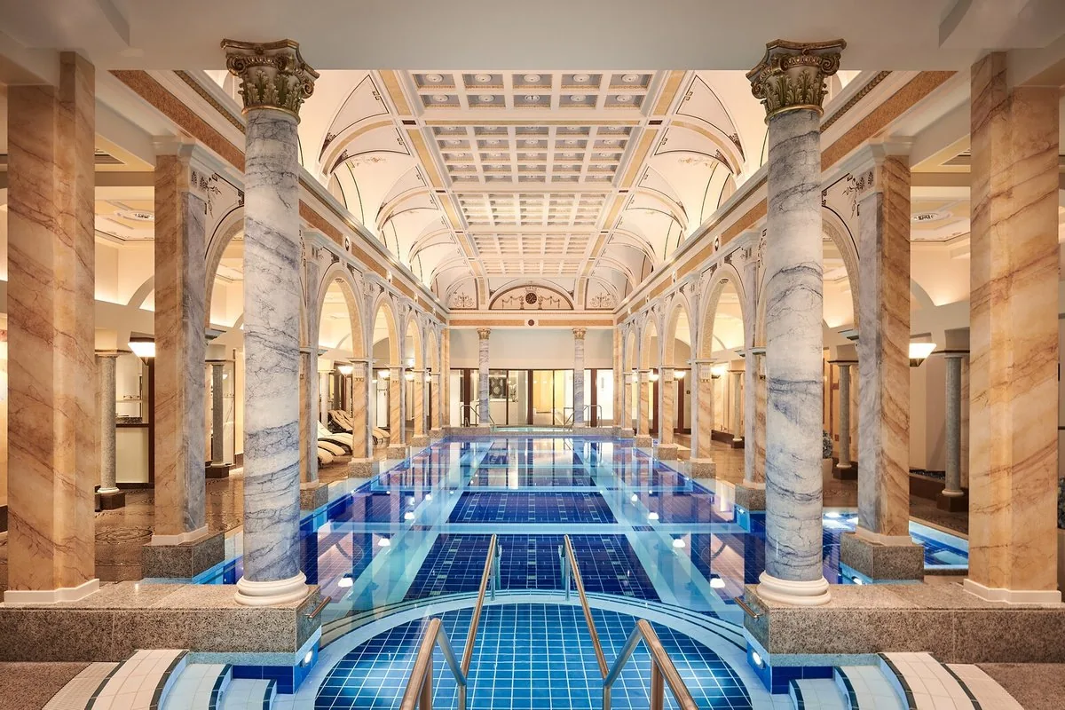 Grand Resort Bad Ragaz Helenabad — marble-columned historic thermal pool with vaulted ceiling, Bad Ragaz Switzerland
